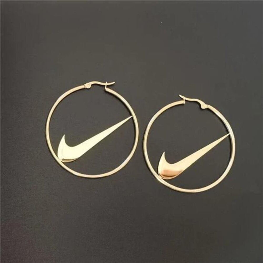 NEW 70mm NIKE SWOOSH GOLD - PLATED METAL HOOPS CLASP EARRINGS, PAIR WOMEN HOOP